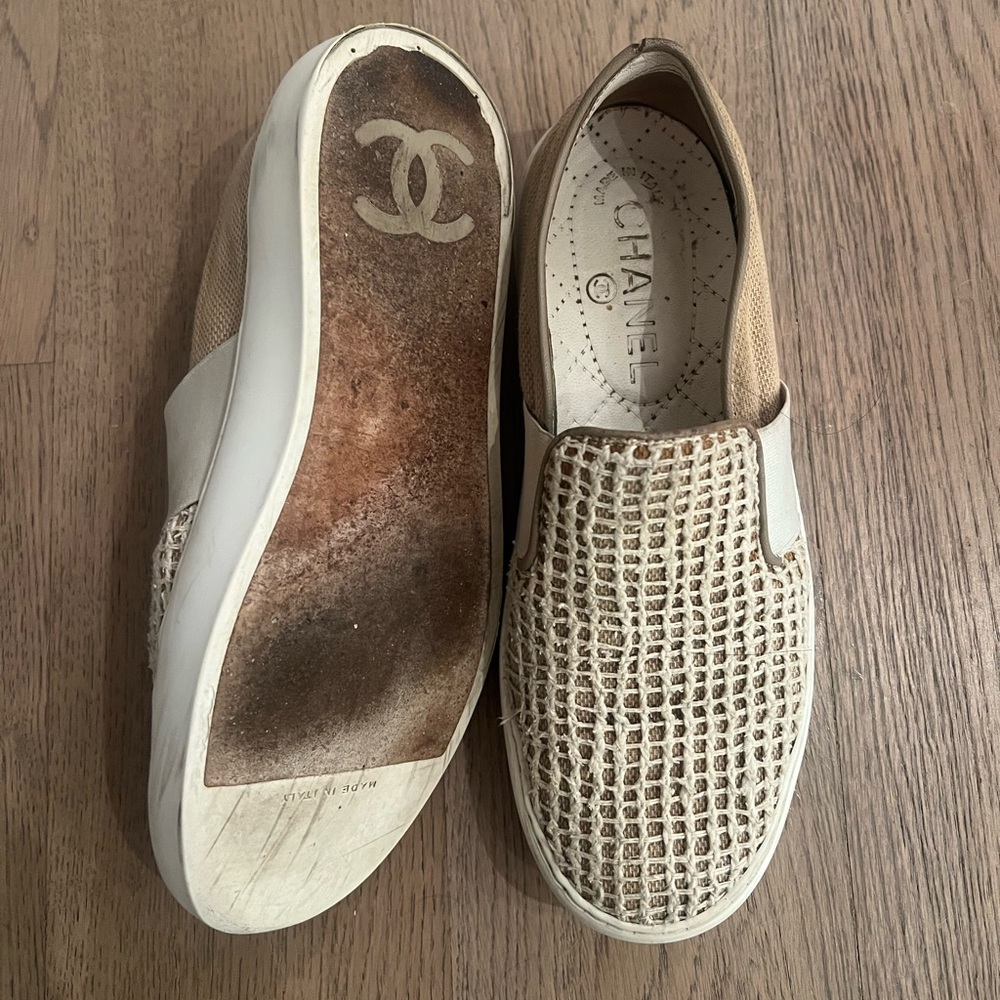Chanel Crochet Trim Beige White Slip On Sneakers 36.5 - Picture 3 of 8